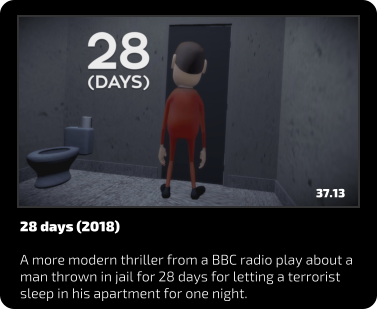 28 days (2018)  A more modern thriller from a BBC radio play about a man thrown in jail for 28 days for letting a terrorist sleep in his apartment for one night. 37.13